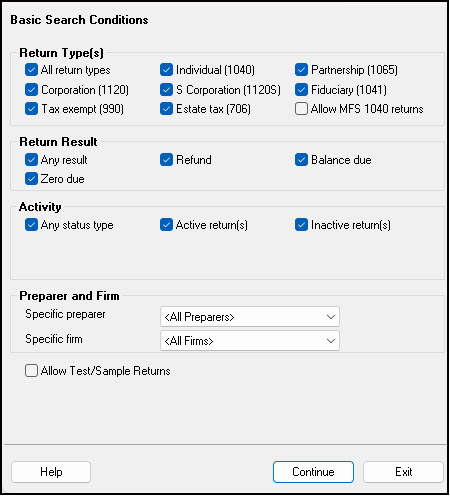 Image showing the basic search conditions.